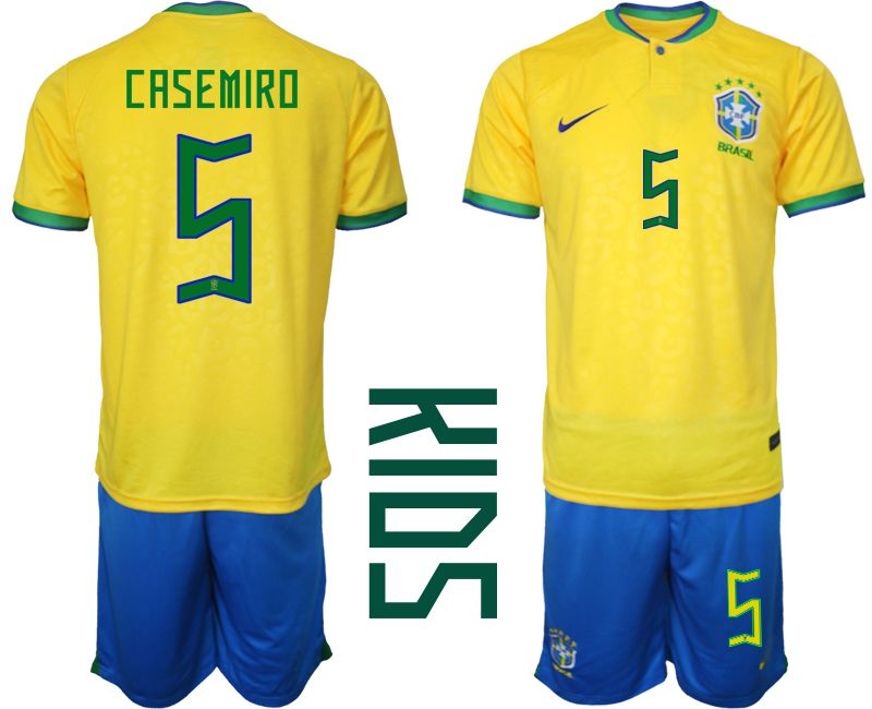 Youth 2022 World Cup National Team Brazil home yellow #5 Soccer Jersey->youth soccer jersey->Youth Jersey